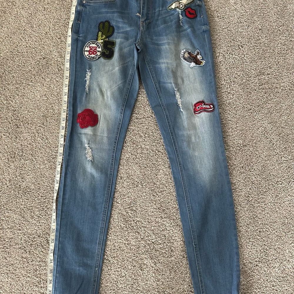 Indigo Rein Blue Skinny Jeans with Colorful Patches